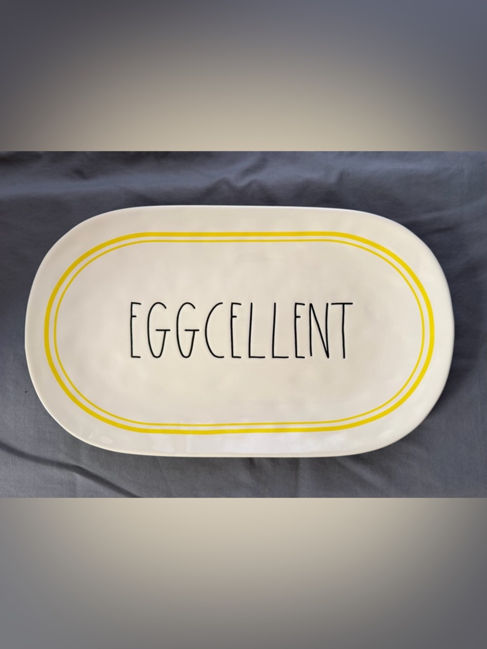 Rae Dunn Eggcellent Oval Platter Yellow Trim Ceramic Tray Large 15" Serving Dish